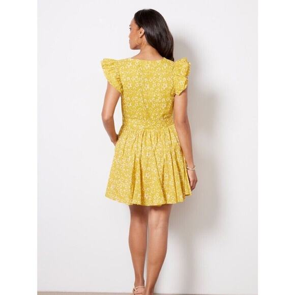 Evereve Cleobella Zia Mini Dress Small Printed Yellow Flutter Sleeve V Neck - Picture 7 of 16